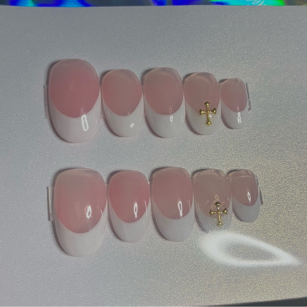 Classic Pink & White French Press-On Nail Set with Gold Cross Accent